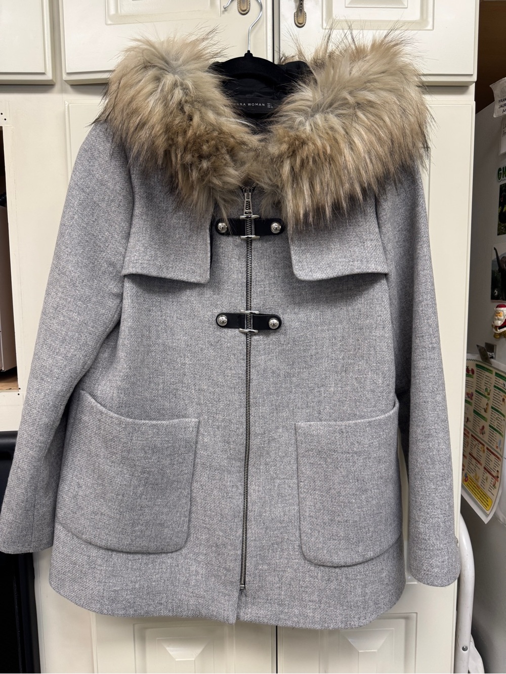 Zara Light Gray Coat with Faux Fur Hood